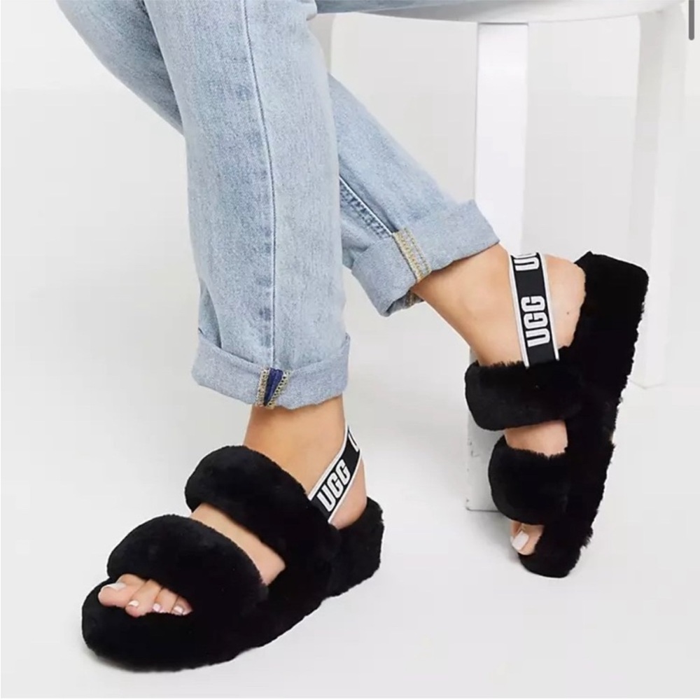 UGG Oh Yeah Slides, Black & White, Size 6 Like New
